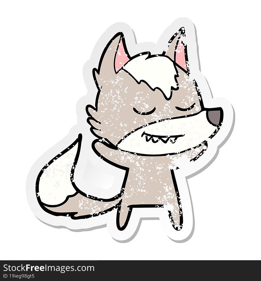 distressed sticker of a friendly cartoon wolf