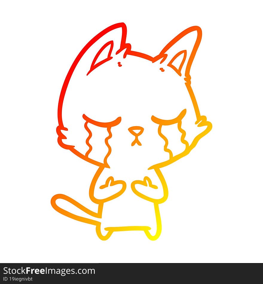 warm gradient line drawing of a crying cartoon cat