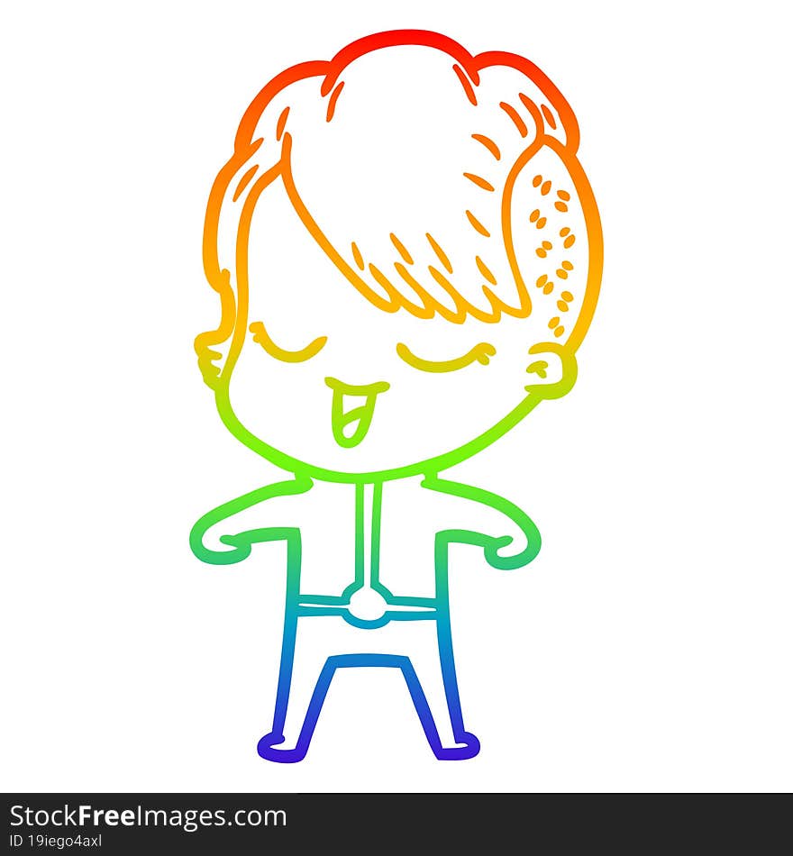 Rainbow Gradient Line Drawing Happy Cartoon Girl In Futuristic Clothes