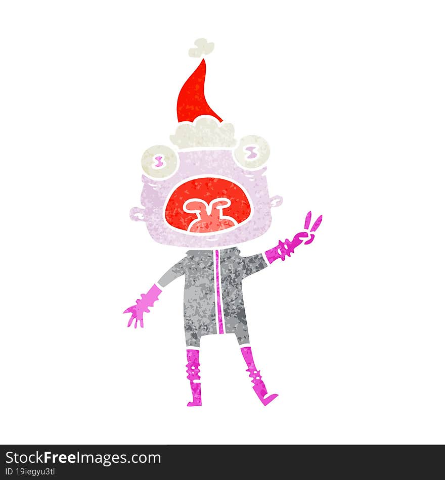 hand drawn retro cartoon of a weird alien waving wearing santa hat