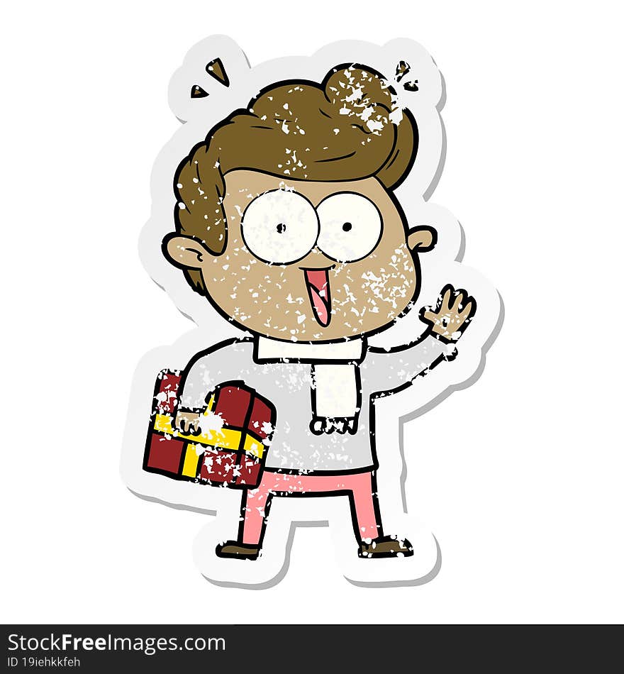 distressed sticker of a cartoon excited man with present