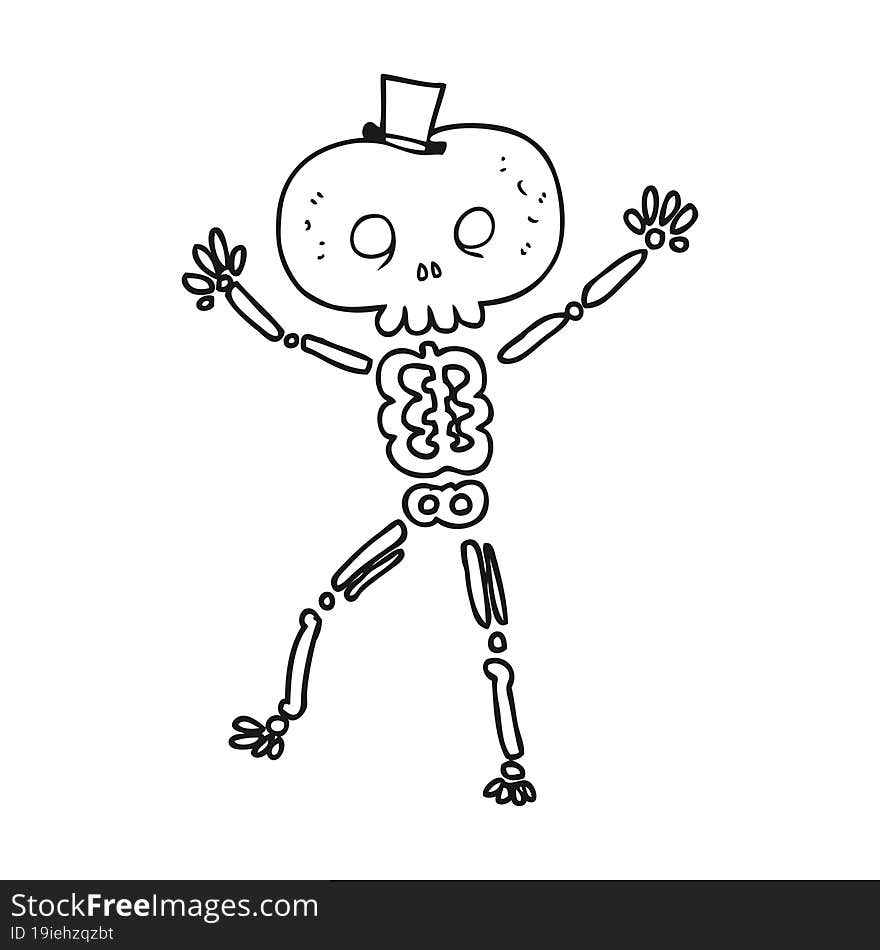 freehand drawn black and white cartoon dancing skeleton