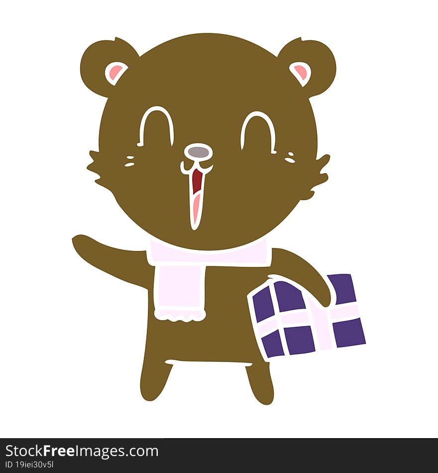 happy flat color style cartoon bear with gift