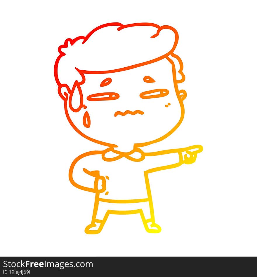 warm gradient line drawing of a cartoon anxious man pointing