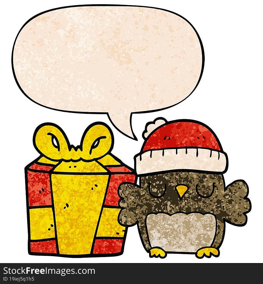 cute christmas owl and speech bubble in retro texture style