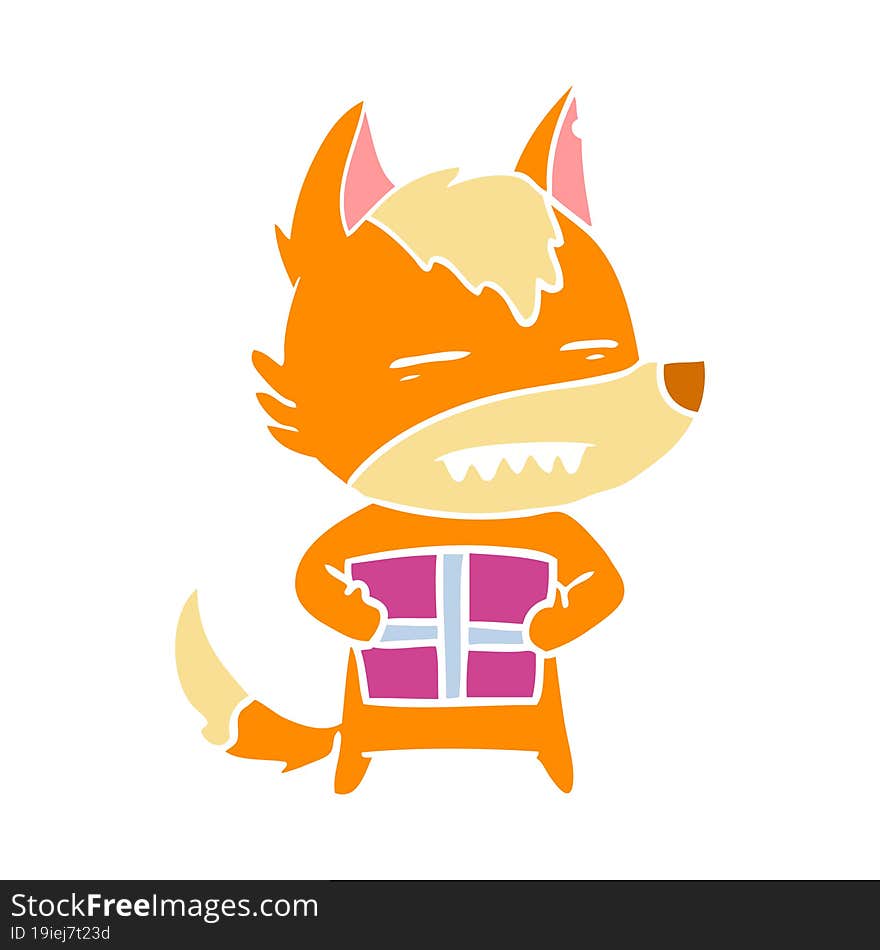 flat color style cartoon fox with present. flat color style cartoon fox with present