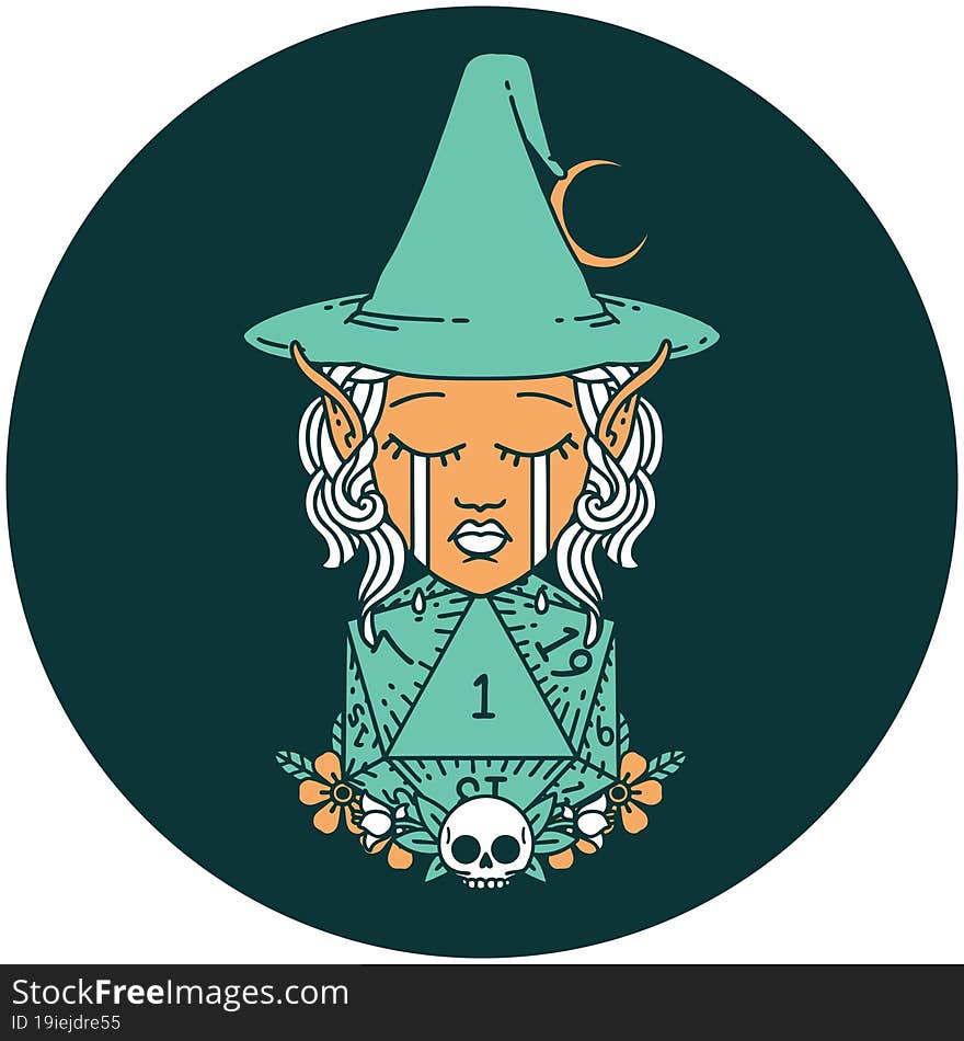 crying elf witch with natural one D20 roll icon