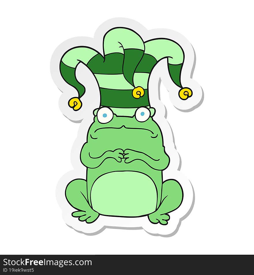 sticker of a cartoon nervous frog wearing jester hat