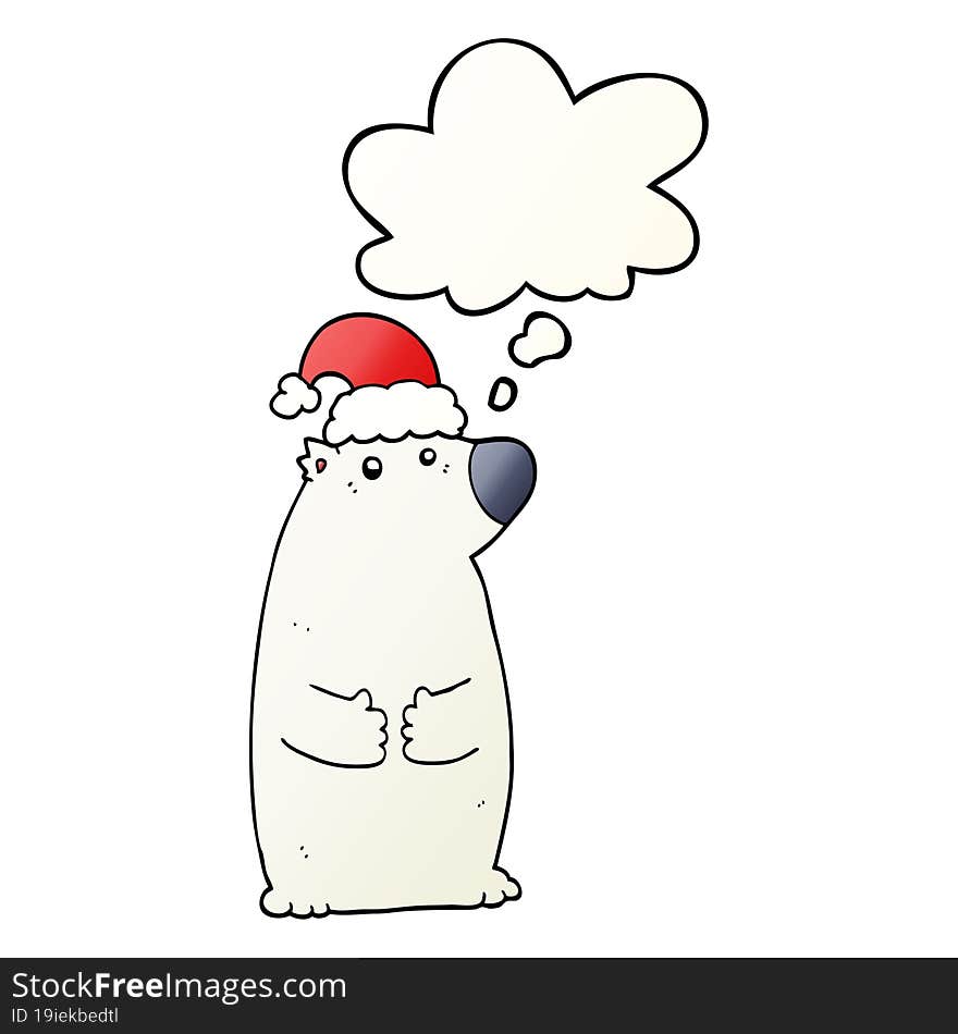 cartoon bear wearing christmas hat and thought bubble in smooth gradient style