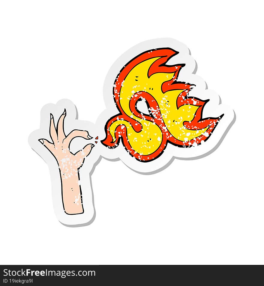 retro distressed sticker of a cartoon hand and fire symbol