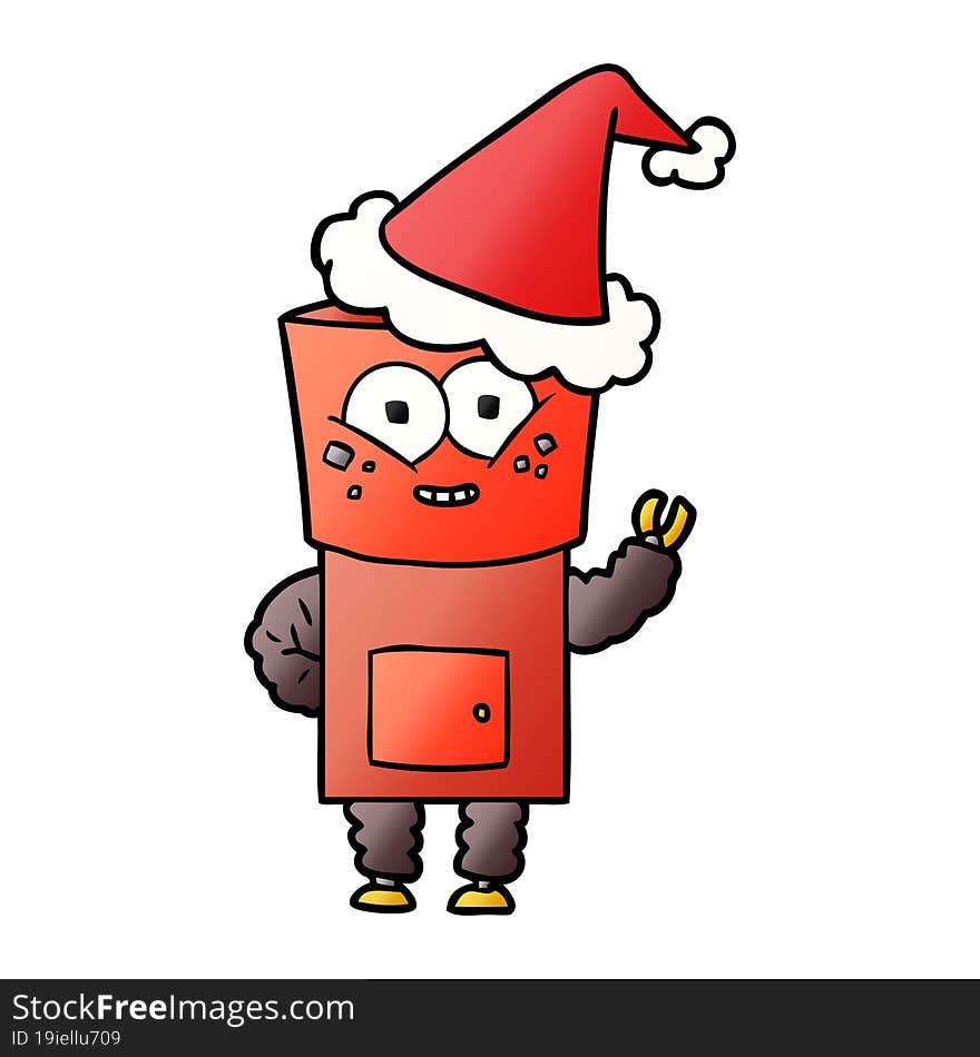 happy hand drawn gradient cartoon of a robot waving hello wearing santa hat