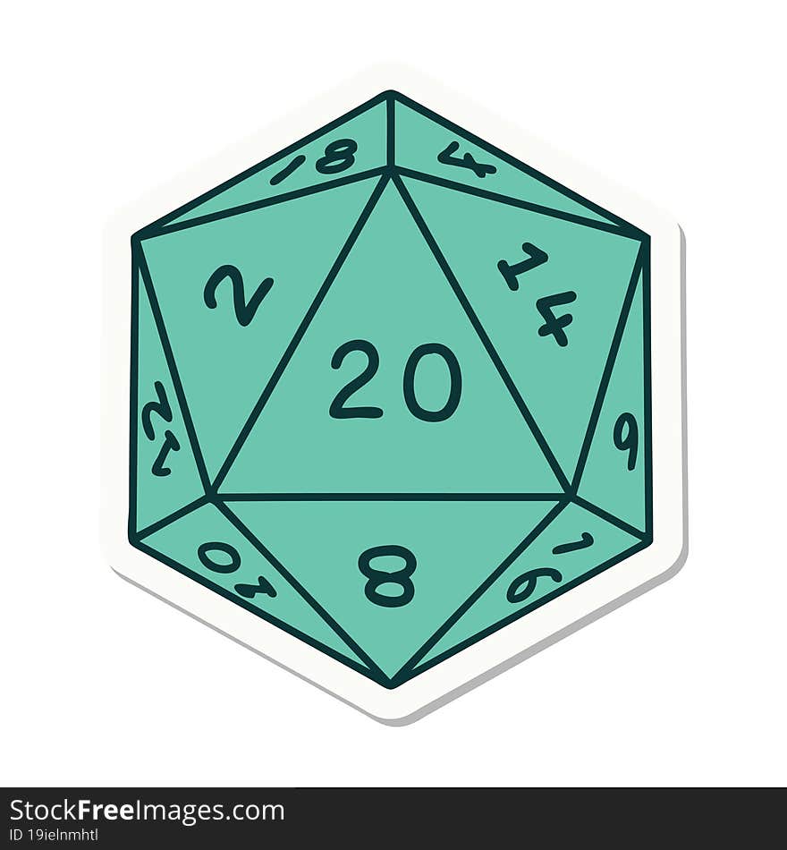 sticker of tattoo in traditional style of a d20 dice. sticker of tattoo in traditional style of a d20 dice