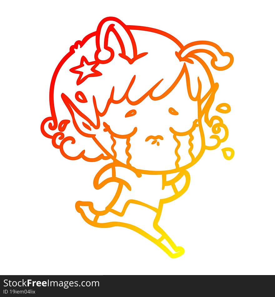 warm gradient line drawing cartoon crying alien girl