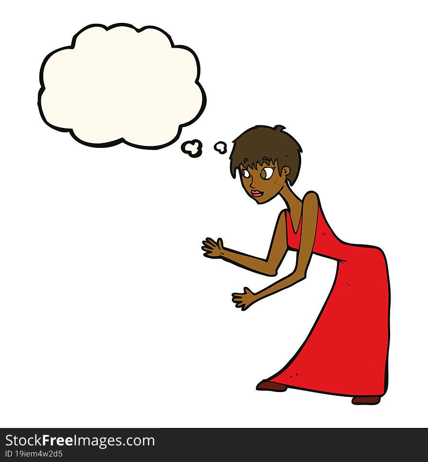 cartoon woman in dress gesturing with thought bubble