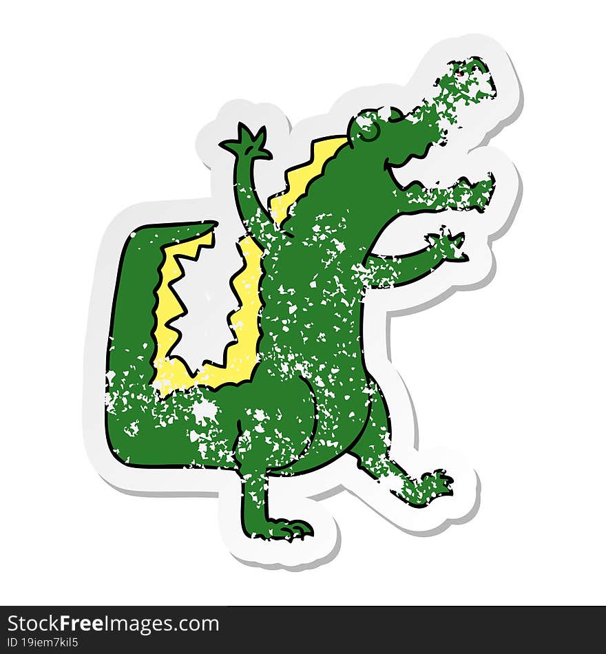 distressed sticker of a quirky hand drawn cartoon crocodile