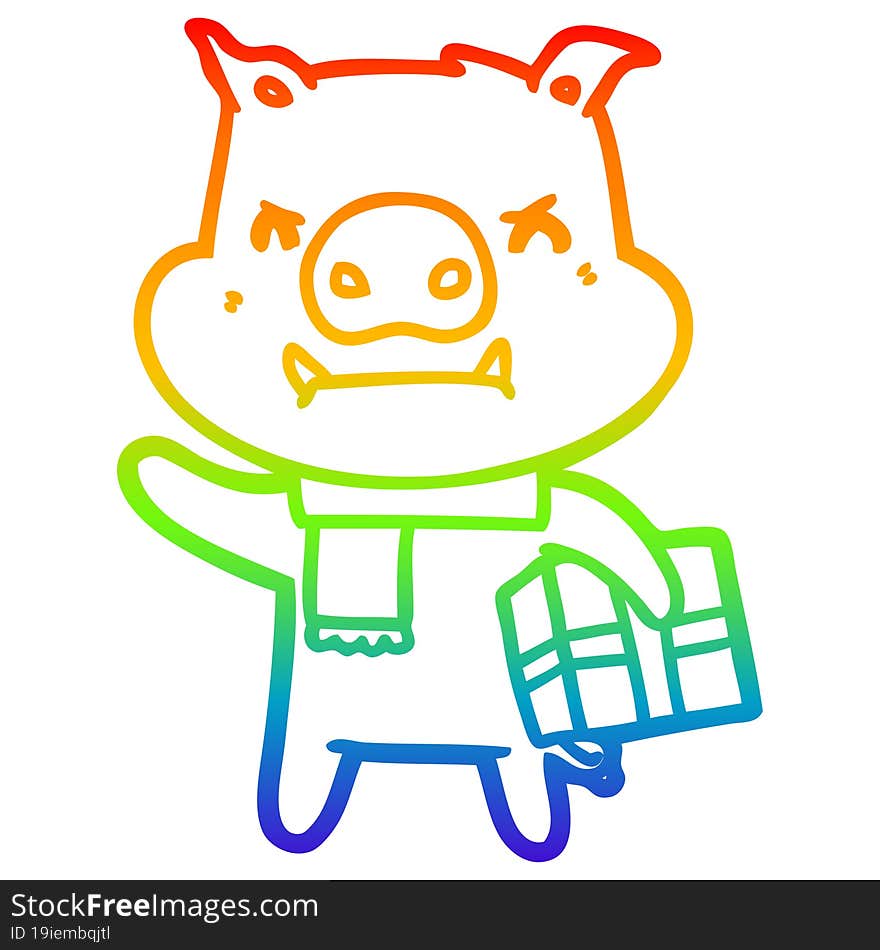 rainbow gradient line drawing of a angry cartoon pig with christmas gift