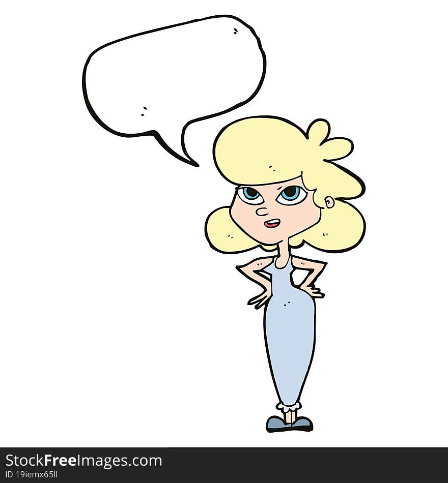 cartoon girl with hands on hips with speech bubble