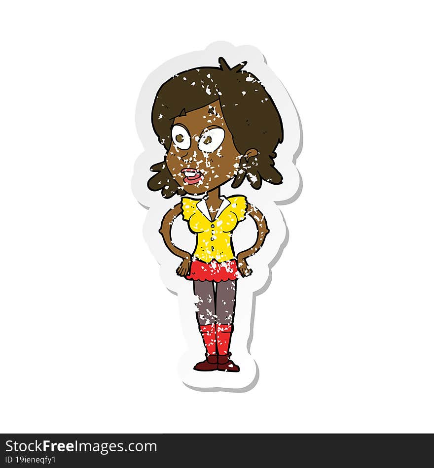 retro distressed sticker of a cartoon woman with hands on hips