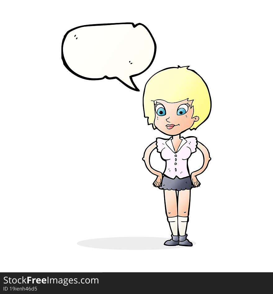 cartoon pretty woman with hands on hips with speech bubble