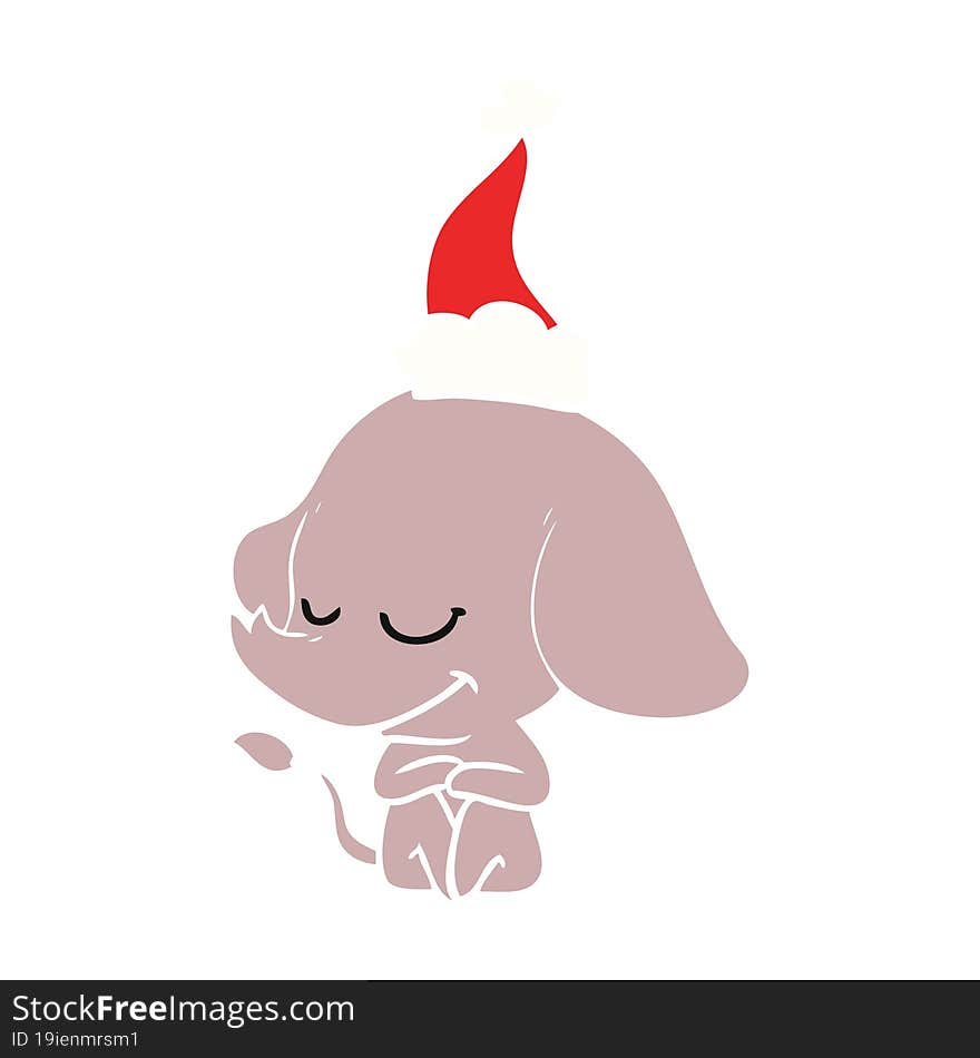 hand drawn flat color illustration of a smiling elephant wearing santa hat