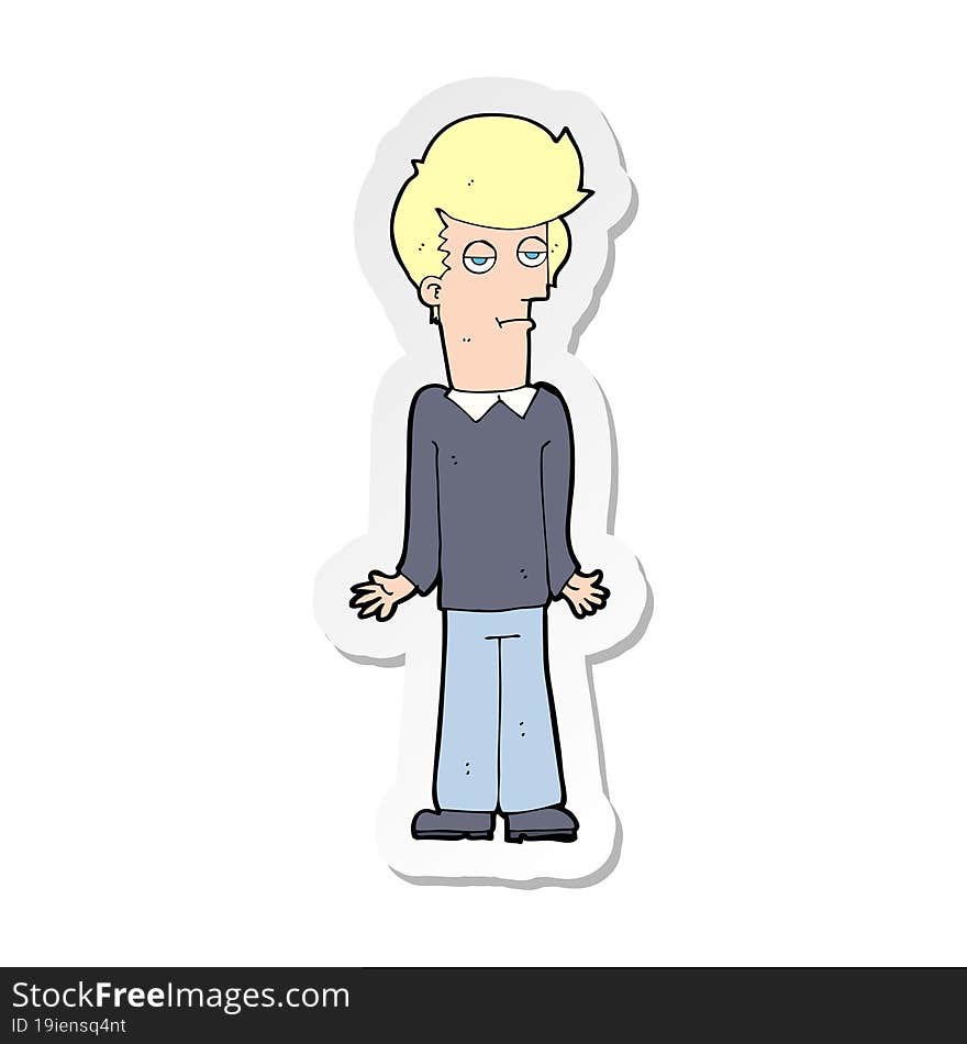 sticker of a cartoon bored man shrugging shoulders