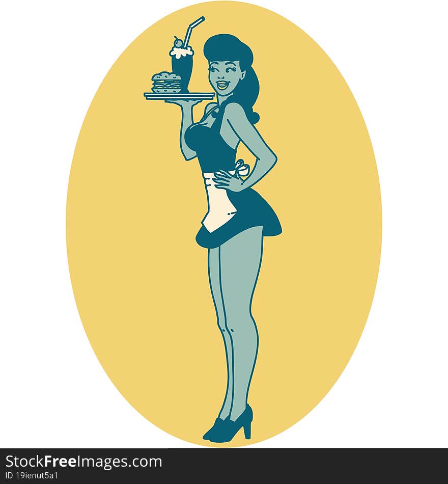 tattoo style icon of a pinup waitress girl