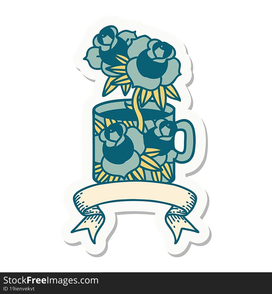 Tattoo Sticker With Banner Of A Cup And Flowers