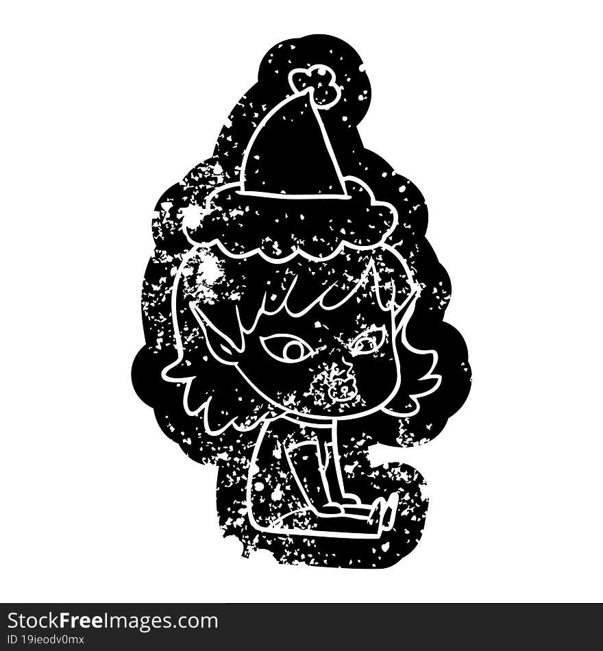 pretty cartoon distressed icon of a elf girl wearing santa hat