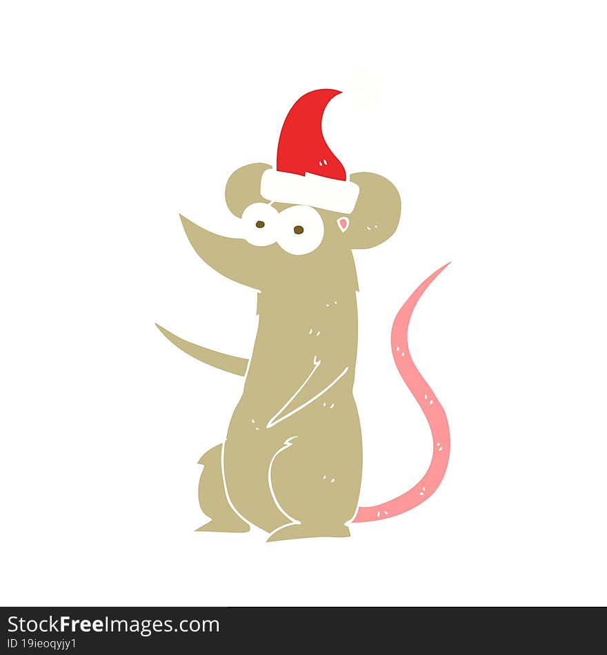 flat color illustration of mouse wearing christmas hat. flat color illustration of mouse wearing christmas hat