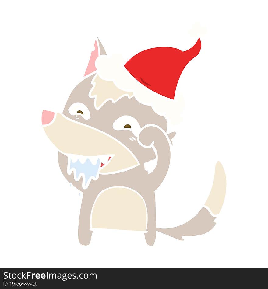 Flat Color Illustration Of A Hungry Wolf Wearing Santa Hat