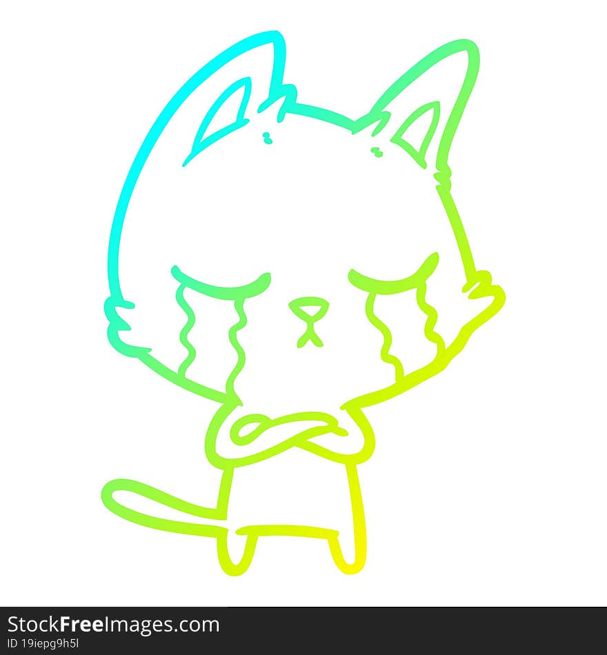 cold gradient line drawing of a crying cartoon cat