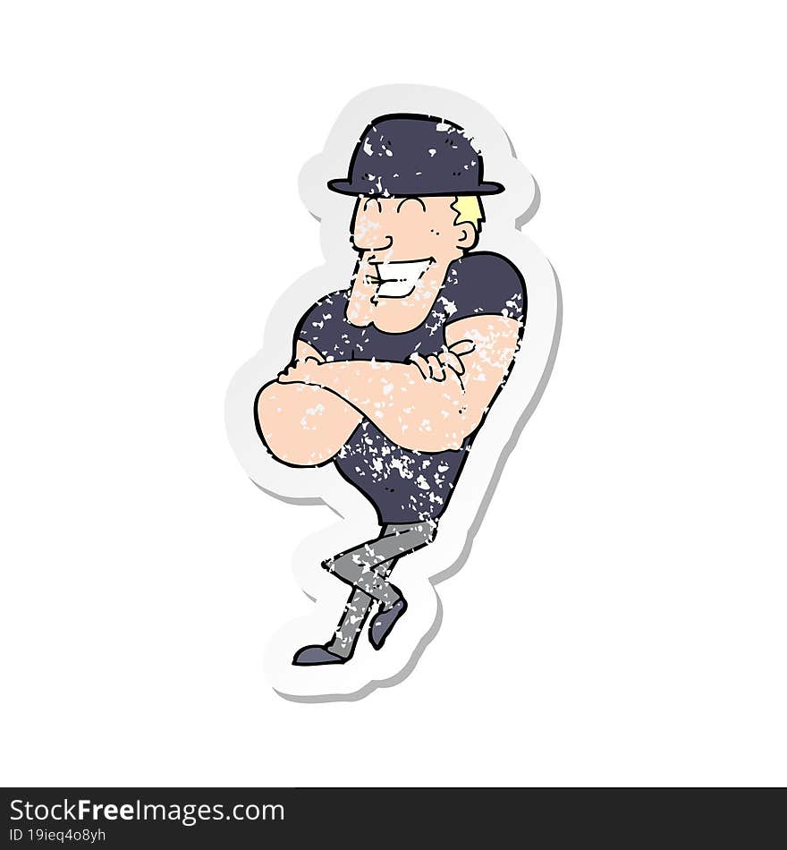 retro distressed sticker of a cartoon man wearing bowler hat