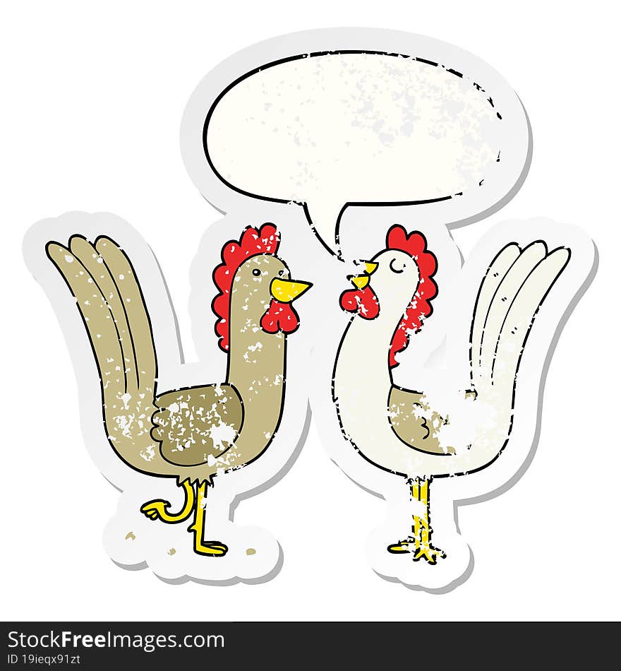 cartoon chickens and speech bubble distressed sticker