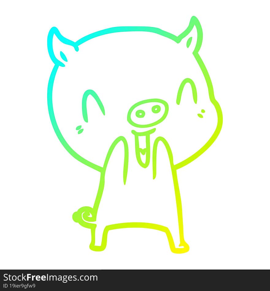 cold gradient line drawing of a happy cartoon pig