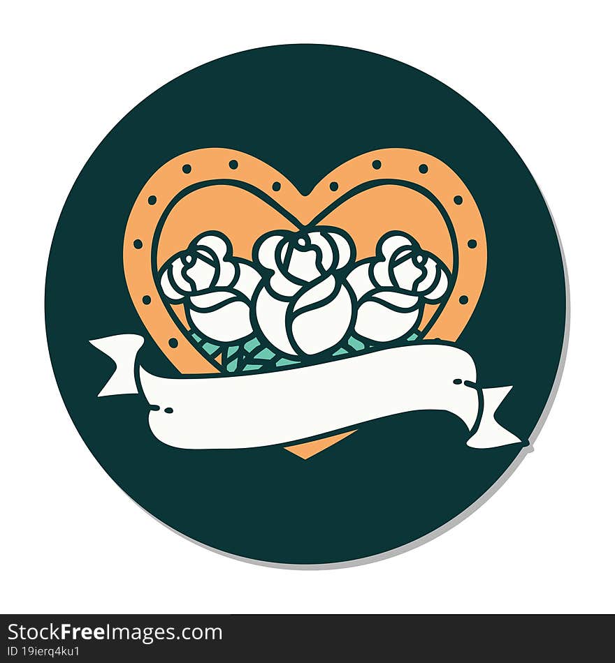 sticker of tattoo in traditional style of a heart and banner with flowers. sticker of tattoo in traditional style of a heart and banner with flowers