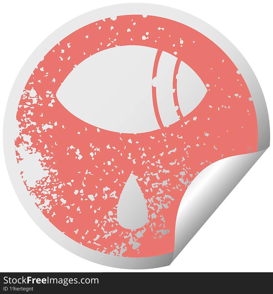 distressed circular peeling sticker symbol crying eye looking to one side