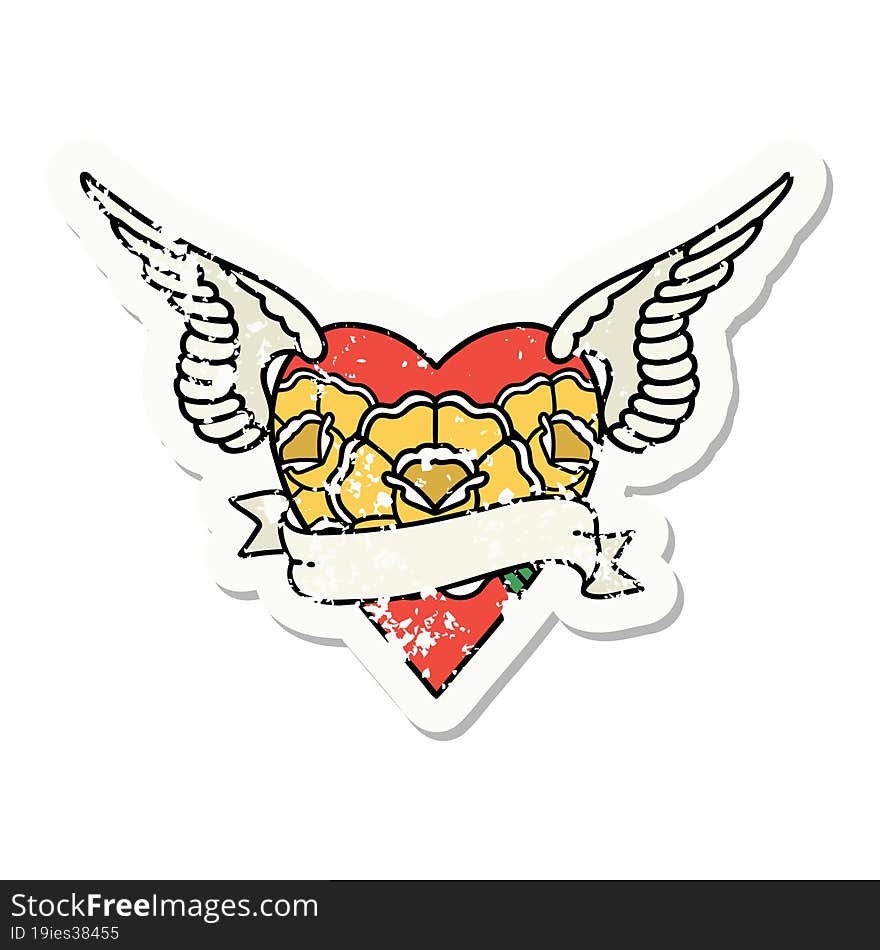 traditional distressed sticker tattoo of a heart with wings flowers and banner