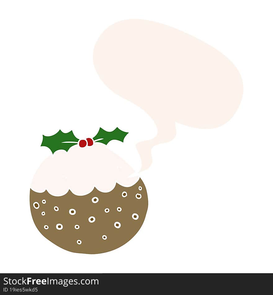 cartoon christmas pudding with speech bubble in retro style