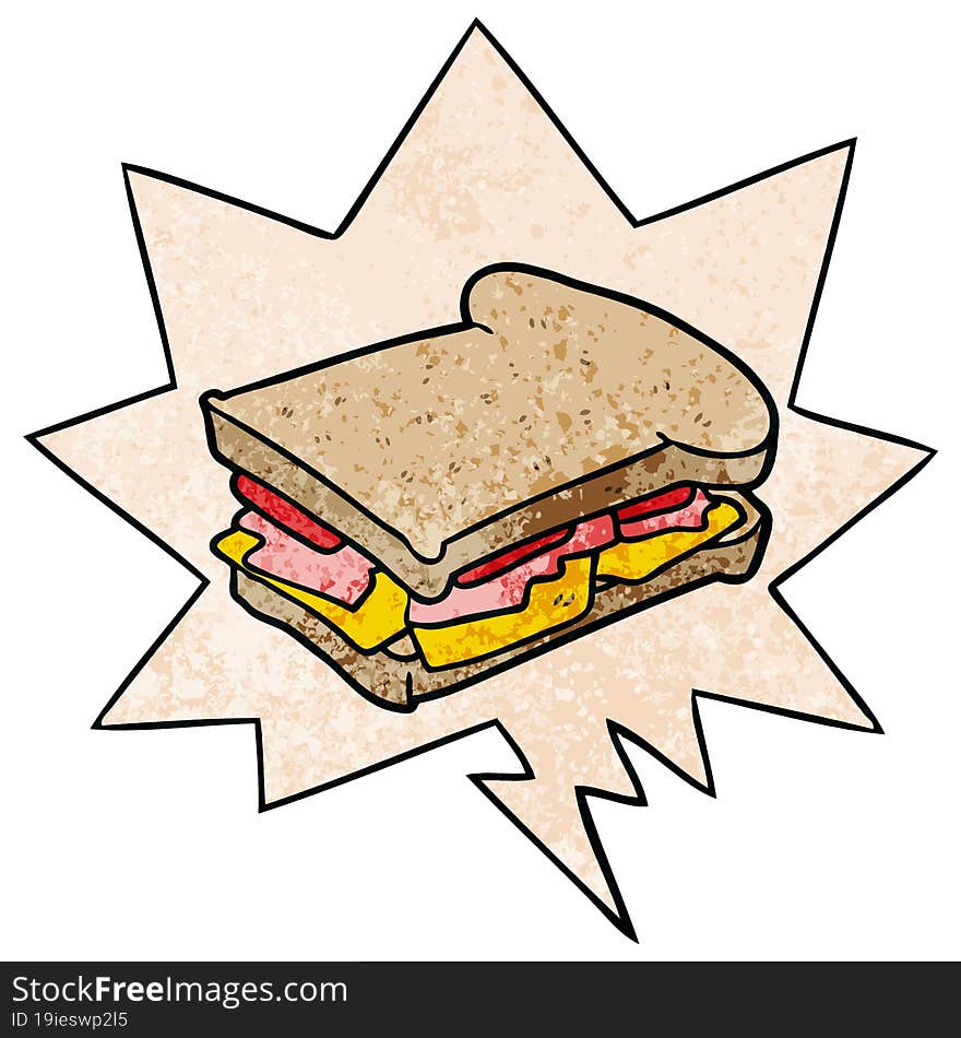 Cartoon Ham Cheese Tomato Sandwich And Speech Bubble In Retro Texture Style