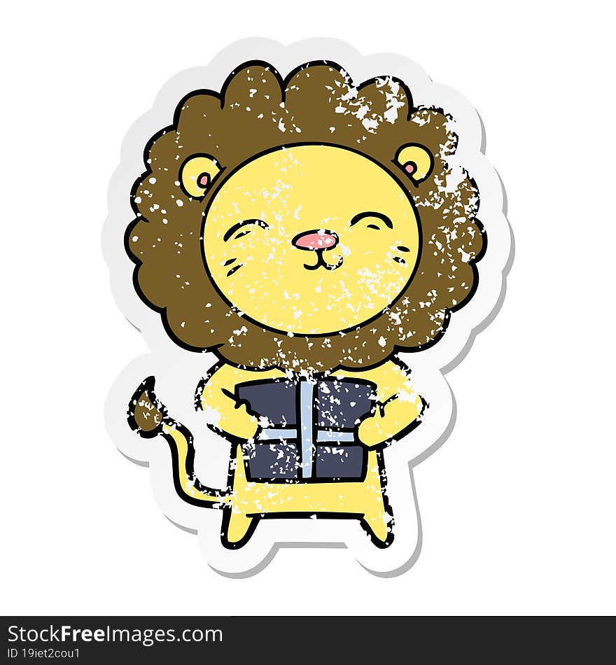 distressed sticker of a cartoon lion with christmas present