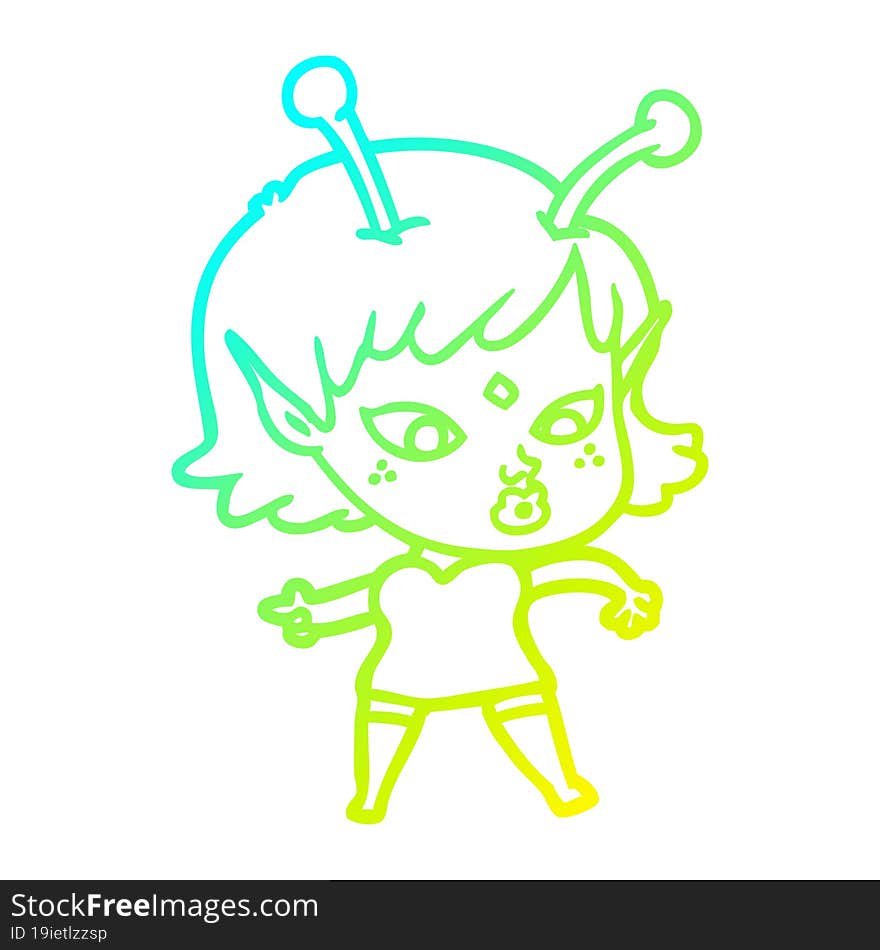 Cold Gradient Line Drawing Pretty Cartoon Alien Girl