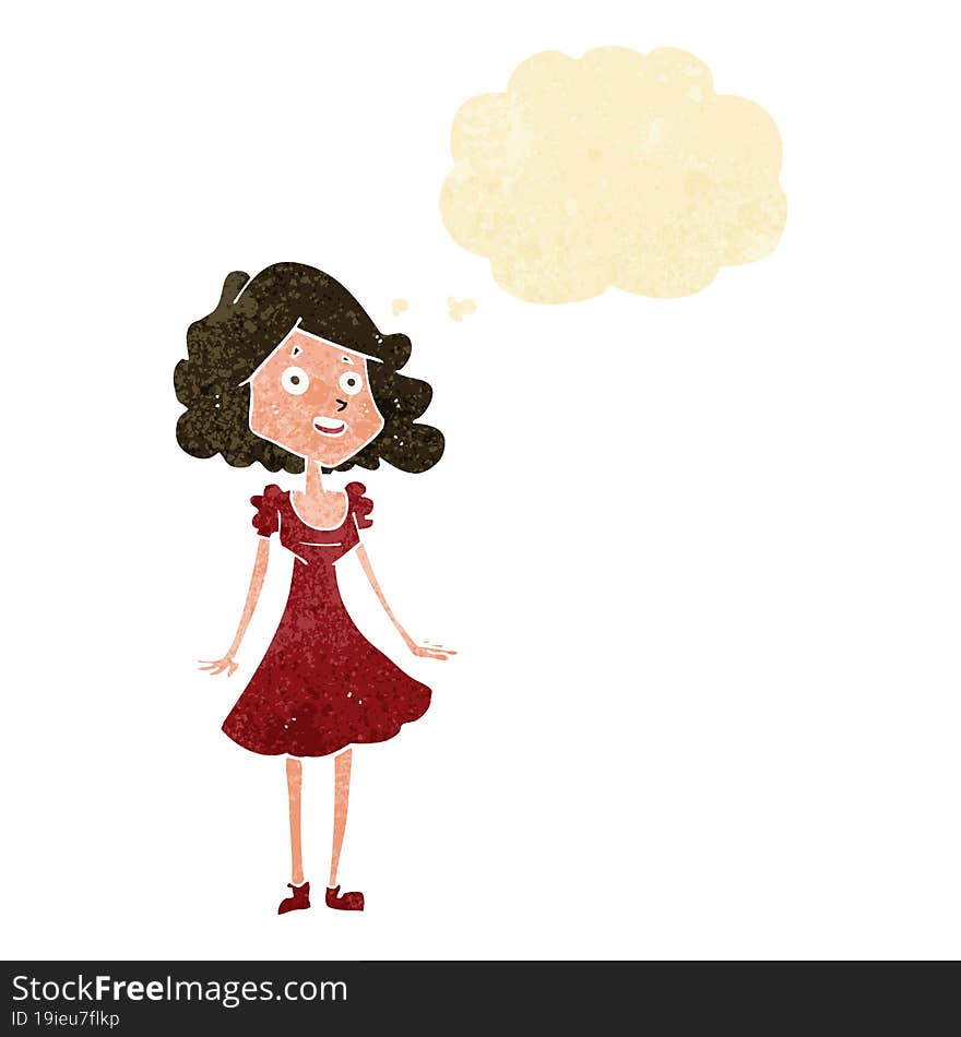 cartoon happy woman in dress with thought bubble