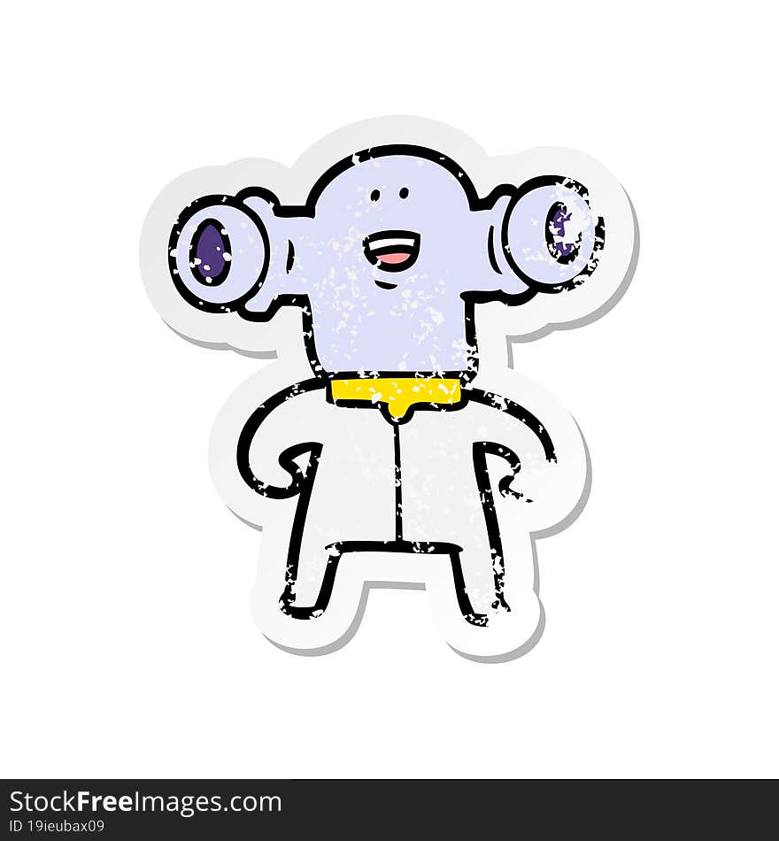 distressed sticker of a friendly cartoon alien