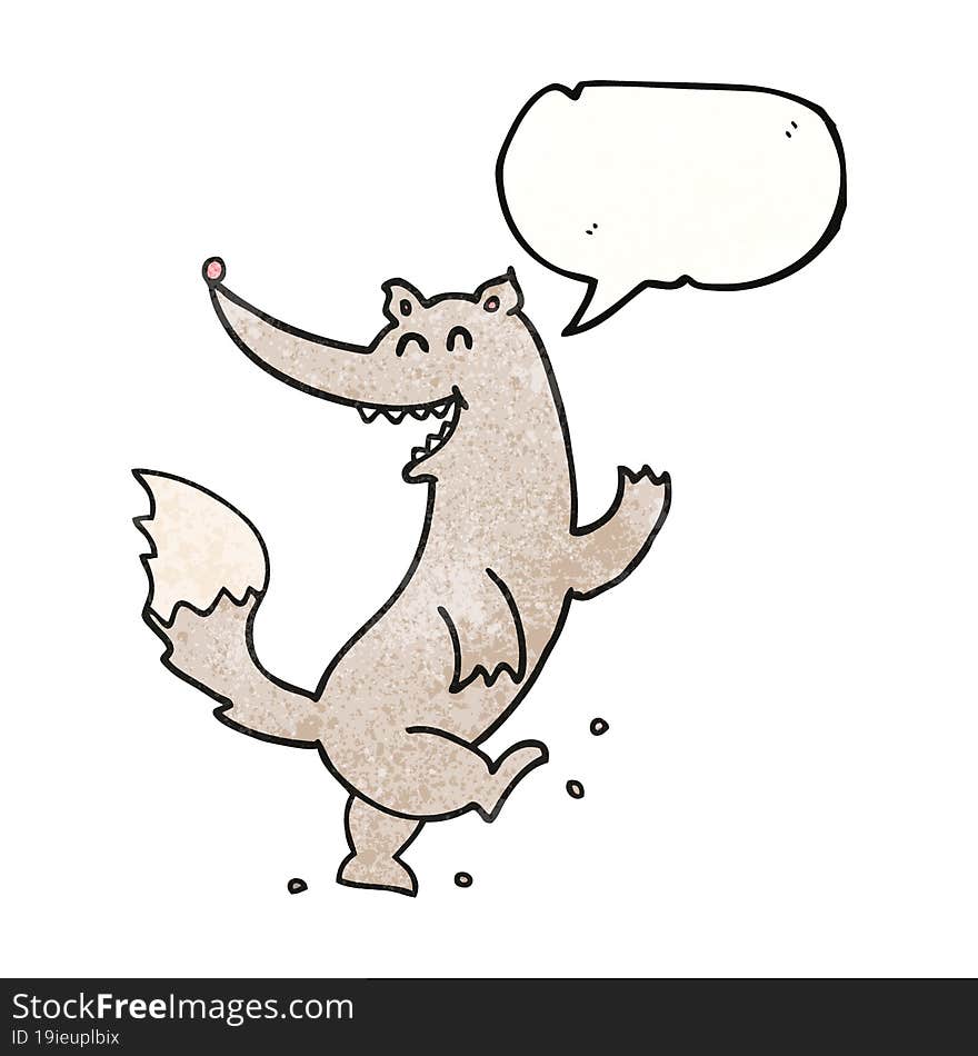 speech bubble textured cartoon happy wolf dancing