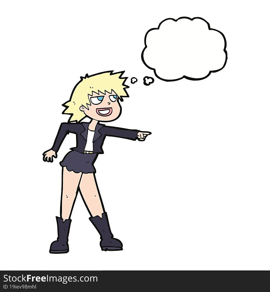 cartoon woman pointing with thought bubble