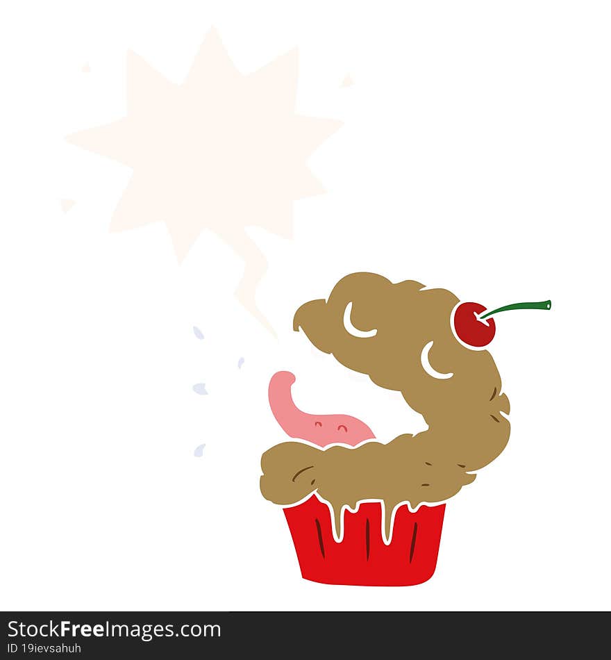 funny cartoon cupcake and speech bubble in retro style