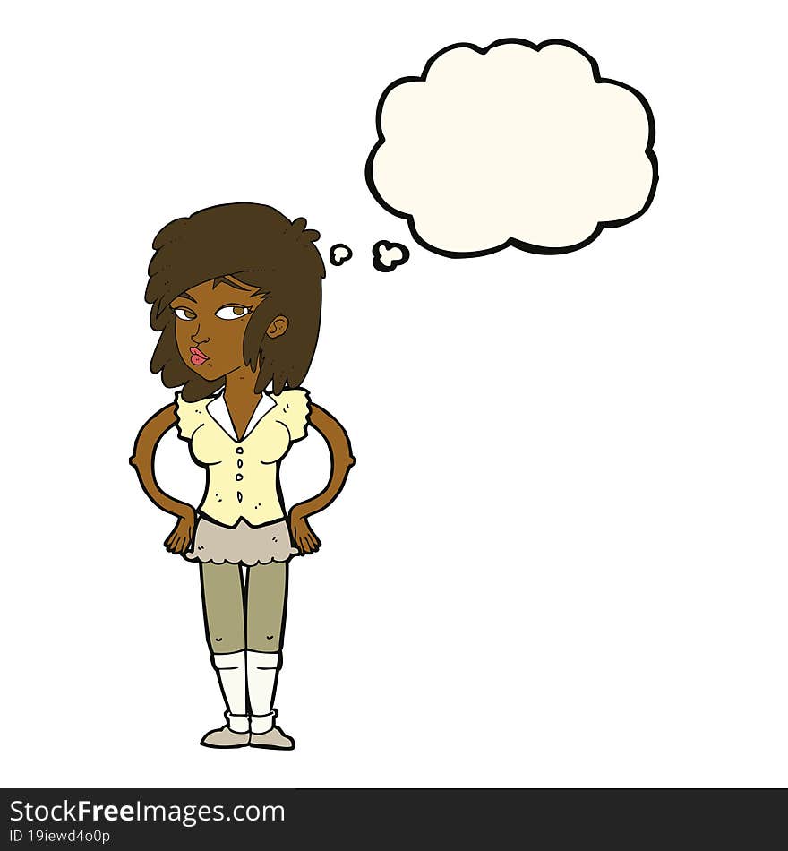 cartoon pretty woman with hands on hips with thought bubble