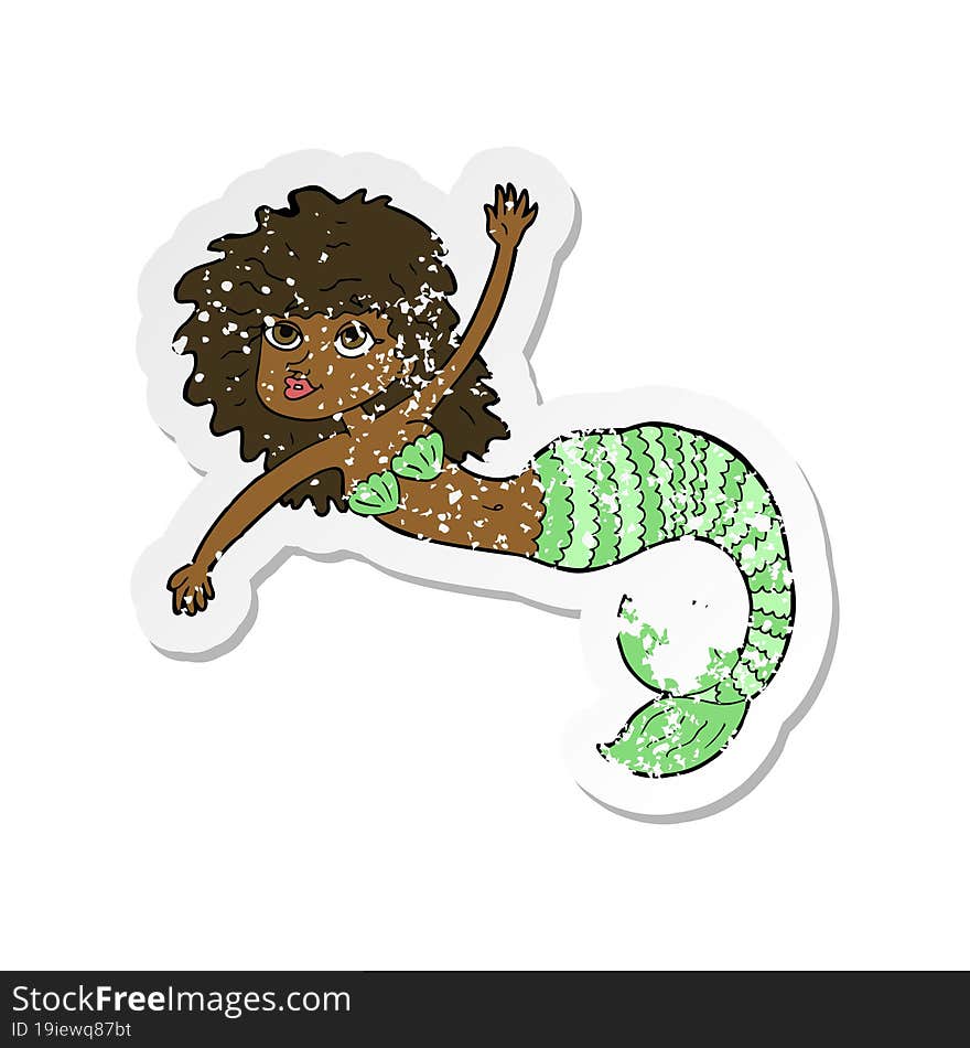 retro distressed sticker of a cartoon pretty mermaid waving