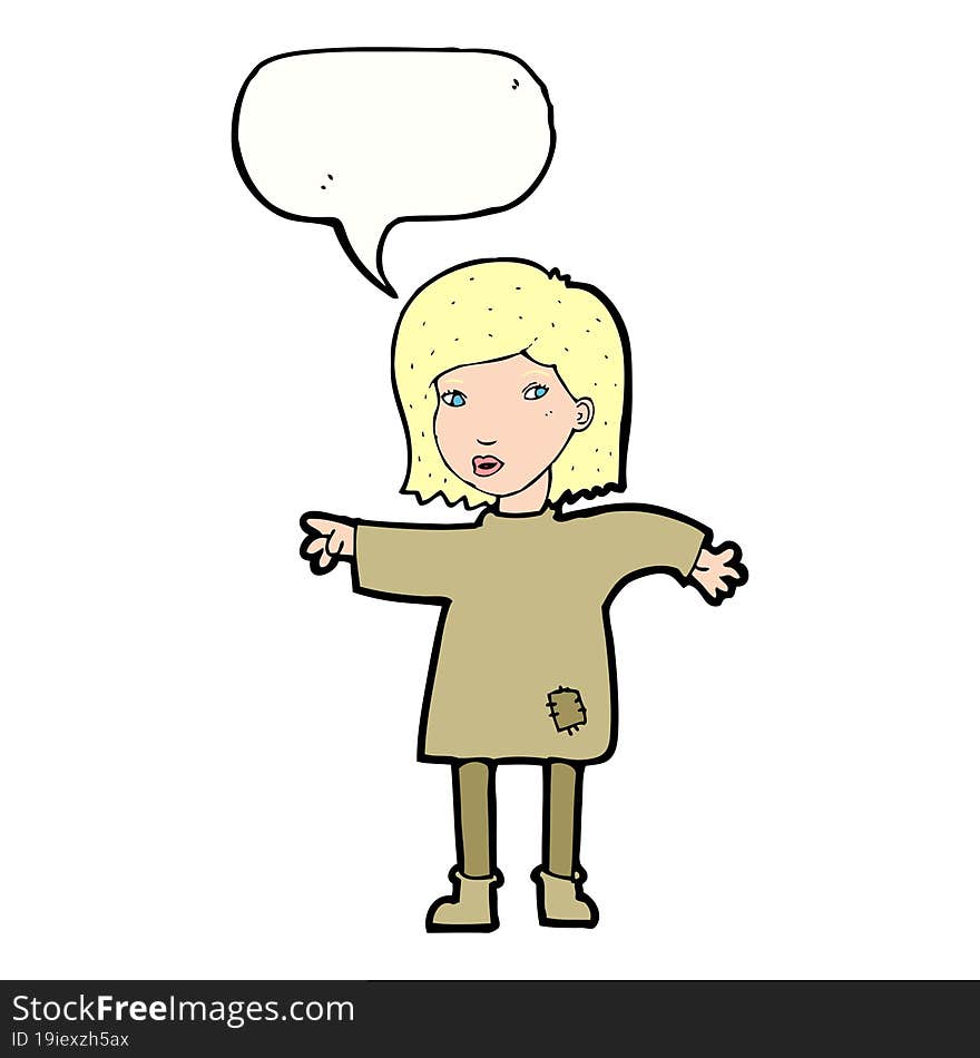 cartoon woman in patched clothing with speech bubble