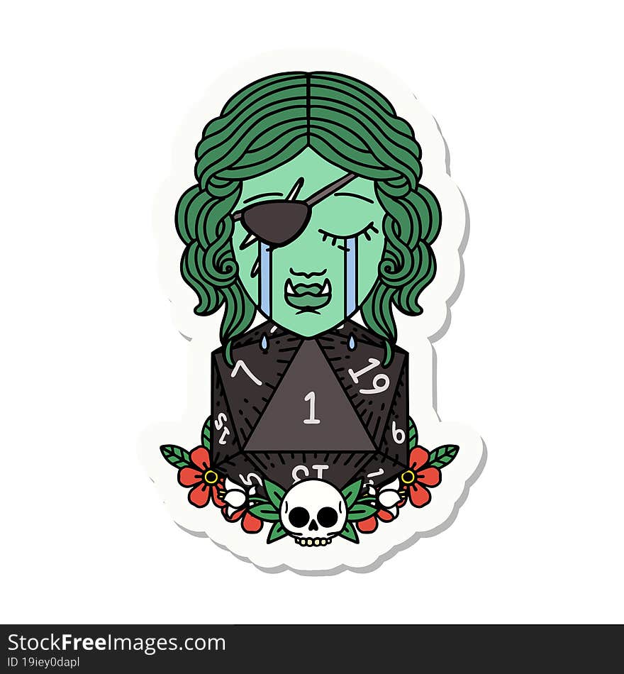 sticker of a crying half orc rogue character with natural one D20 roll. sticker of a crying half orc rogue character with natural one D20 roll